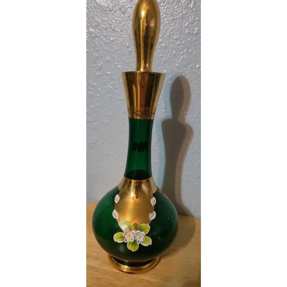 VINTAGE BOHEMIAN GREEN GLASS DECANTER w STOPPER 13